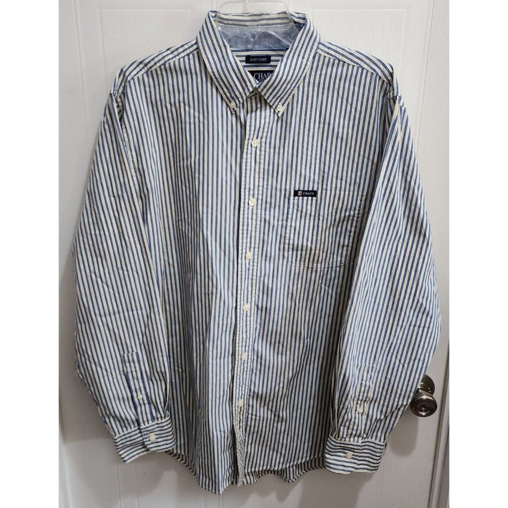CHAPS Easy Care Long Sleeve Button Down Yellow Blue Striped Collared Shirt Sz L